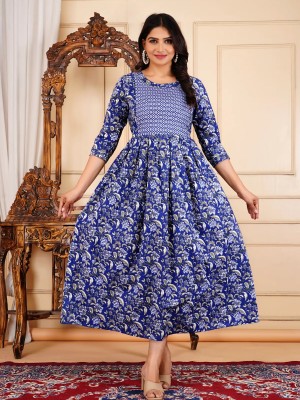 Royal Blue Baby Feeding Gown Printed Maternity Kurta Anarkali Kurti with Hidden Feeding Zip
