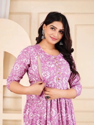Purple Baby Feeding Gown Floral Printed Maternity Kurta Anarkali Kurti with Hidden Feeding Zip