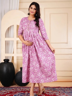 Purple Baby Feeding Gown Floral Printed Maternity Kurta Anarkali Kurti with Hidden Feeding Zip