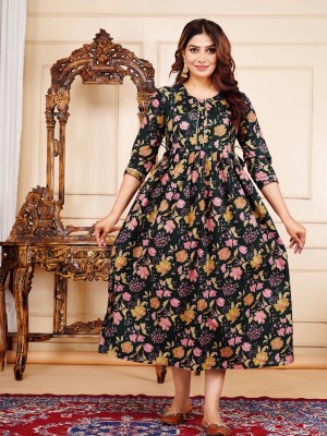 Black Baby Feeding Gown Floral Printed Maternity Kurta Anarkali Kurti with Hidden Feeding Zip