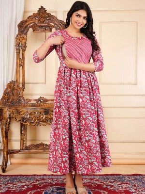 Red Baby Feeding Gown Floral Printed Maternity Kurta Anarkali Kurti with Hidden Feeding Zip