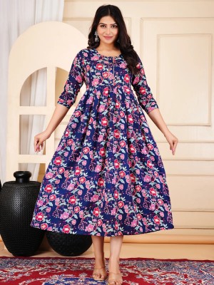 Blue Baby Feeding Gown Floral Printed Maternity Kurta Anarkali Kurti with Hidden Feeding Zip