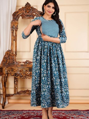 Blue Floral Printed Baby Feeding Gown Maternity Kurta Anarkali Kurti with Hidden Feeding Zip