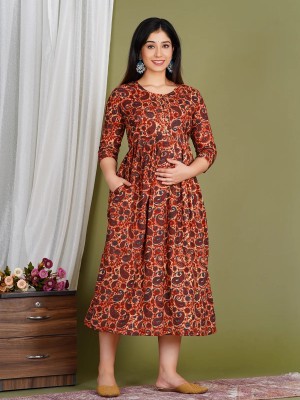 Maroon Floral Printed Baby Feeding Gown Maternity Kurta Anarkali Kurti with Hidden Feeding Zip