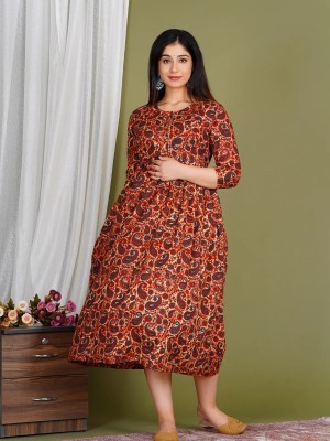 Maroon Floral Printed Baby Feeding Gown Maternity Kurta Anarkali Kurti with Hidden Feeding Zip