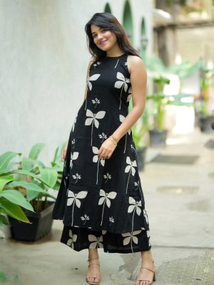 Black Floral Printed Indian A-Line Cotton Sleeveless Salwar Kameez Kurti Pant Co Ord Set for Women (Set of 2)