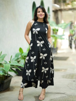 Black Floral Printed Indian A-Line Cotton Sleeveless Salwar Kameez Kurti Pant Co Ord Set for Women (Set of 2)