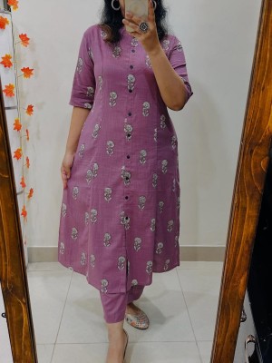 Pink Floral Printed Indian A-Line Cotton Salwar Kameez Kurti Pant Co Ord Set for Women Set of 2