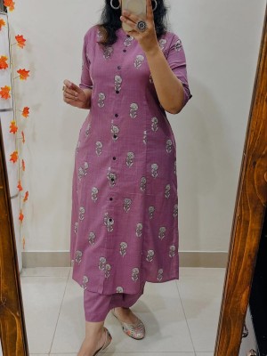 Pink Floral Printed Indian A-Line Cotton Salwar Kameez Kurti Pant Co Ord Set for Women Set of 2