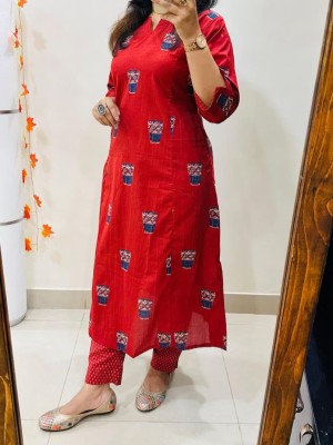 Red Glass Printed Indian A-Line Cotton Salwar Kameez Kurti Pant Co Ord Set for Women Set of 2