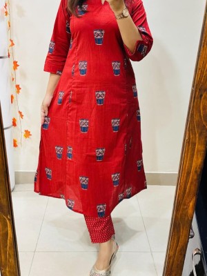 Red Glass Printed Indian A-Line Cotton Salwar Kameez Kurti Pant Co Ord Set for Women Set of 2