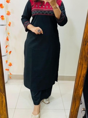 Black Block Printed Indian Straight Cotton Salwar Kameez Kurti Pant Co Ord Set for Women Set of 2