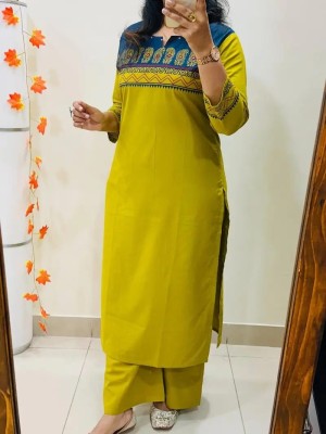 Yellow Block Printed Indian Straight Cotton Salwar Kameez Kurti Pant Co Ord Set for Women Set of 2