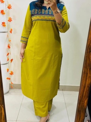 Yellow Block Printed Indian Straight Cotton Salwar Kameez Kurti Pant Co Ord Set for Women Set of 2