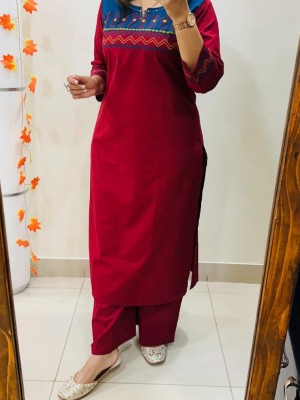 Red Block Printed Indian Straight Cotton Salwar Kameez Kurti Pant Co Ord Set for Women Set of 2