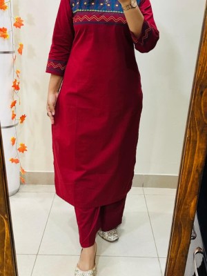 Red Block Printed Indian Straight Cotton Salwar Kameez Kurti Pant Co Ord Set for Women Set of 2