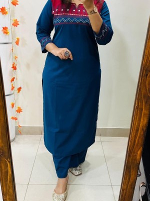 Blue Block Printed Indian Straight Cotton Salwar Kameez Kurti Pant Co Ord Set for Women Set of 2