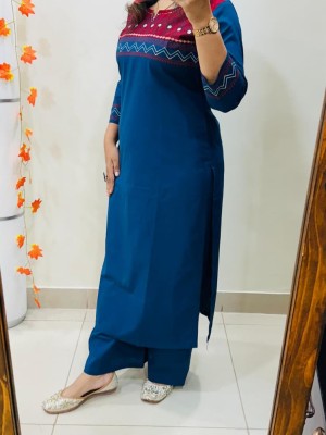 Blue Block Printed Indian Straight Cotton Salwar Kameez Kurti Pant Co Ord Set for Women Set of 2