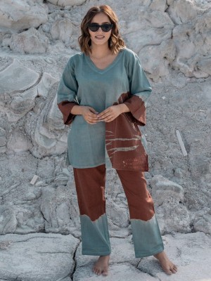 Green Tye Dye Cotton Kurti Pant Summer Co Ord Set for Women Set of 2