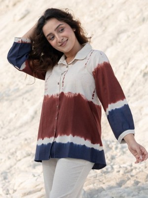 Brown Cream Tye Dye Cotton Kurti Pant Summer Co Ord Set for Women Set of 2