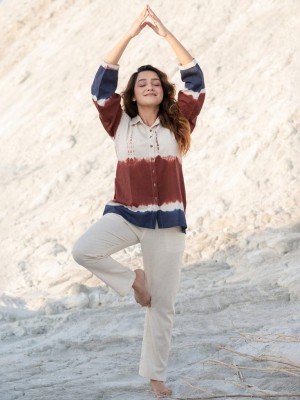 Brown Cream Tye Dye Cotton Kurti Pant Summer Co Ord Set for Women Set of 2