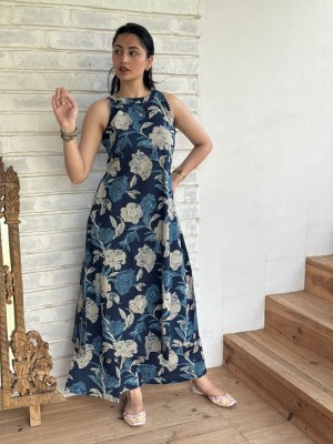 Floral Printed Blue Sleeveless Cotton Salwar Kameez Kurti Pant Co Ord Set with Pockets for Women