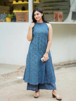 Floral Printed Blue Sleeveless Cotton Salwar Kameez Kurti Pant Co Ord Set with Pockets for Women