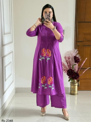 Purple Embroidery Pintex Work Cotton Kurti Pant Co Ord Set Salwar Kameez for Women