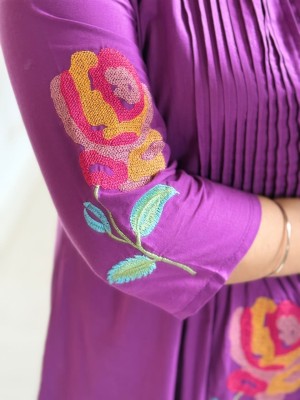 Purple Embroidery Pintex Work Cotton Kurti Pant Co Ord Set Salwar Kameez for Women