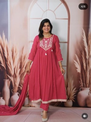 Rani Pink Embroidered Cotton Kurti Pant Dupatta Set Anarkali Salwar Kameez for Women - Set of 3