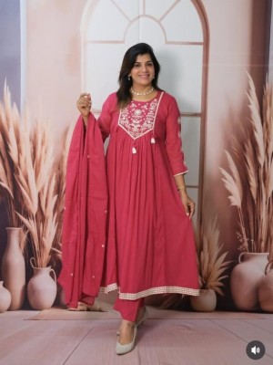 Rani Pink Embroidered Cotton Kurti Pant Dupatta Set Anarkali Salwar Kameez for Women - Set of 3
