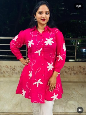 Pink Floral Embroidered Cotton Collared Short Button Kurti Top Pant Set