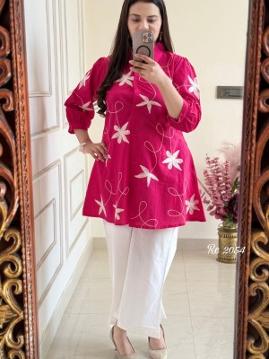 Pink Floral Embroidered Cotton Collared Short Button Kurti Top Pant Set