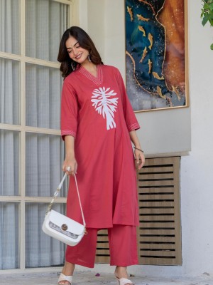 Pastel Red Embroidered Cotton Kurta and Pant Set Salwar Kameez Suit