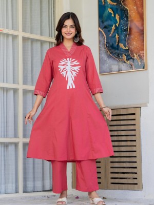 Pastel Red Embroidered Cotton Kurta and Pant Set Salwar Kameez Suit