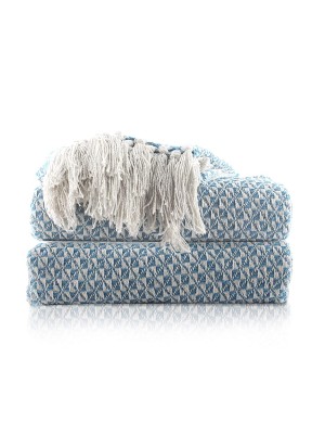 Turquoise & White Handmade Woven Eco Friendly Soft Cotton Throw Blanket with Fringes Tassels For Sofa
