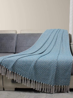 Turquoise & White Handmade Woven Eco Friendly Soft Cotton Throw Blanket with Fringes Tassels For Sofa