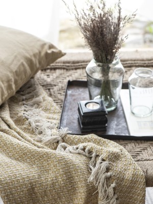 Mustard & White Premium Durable Pure Cotton Hand Woven Light Weight Sofa Couch Throw Blanket