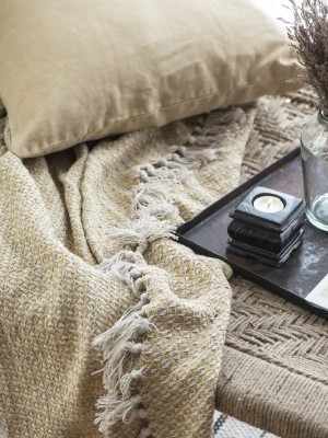 Mustard & White Premium Durable Pure Cotton Hand Woven Light Weight Sofa Couch Throw Blanket