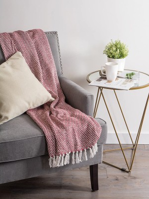 Maroon & White Bohemian Knitted Cotton Couch Sofa Throw Blanket with Tassel Fringes Everyday Use