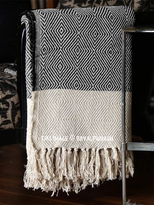 Black Diamond Pattern Chic Boho Style Cotton Knit Throw for Sofa, Armchair, or Bed - Cozy & Breathable