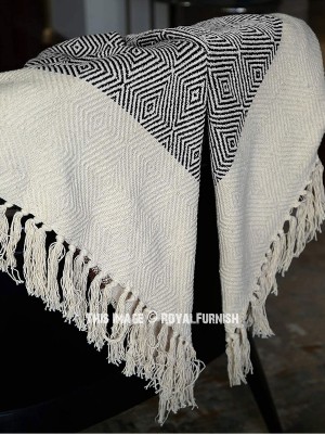 Black Diamond Pattern Chic Boho Style Cotton Knit Throw for Sofa, Armchair, or Bed - Cozy & Breathable
