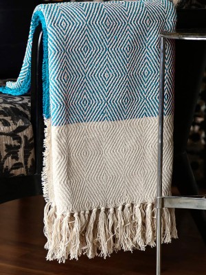 Blue Premium Quality Natural Cotton Textured Sofa Throw with Fringes - Elegant, Durable & Comfortable