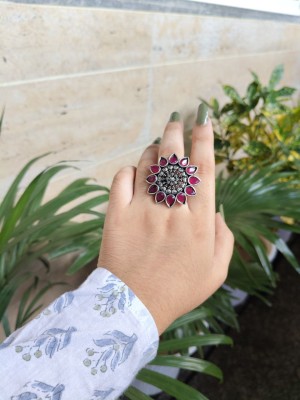 Beautiful Round Stonework Silver Oxidized Adjustable Free Size Ethnic Designer Brass Finger Ring for Girls