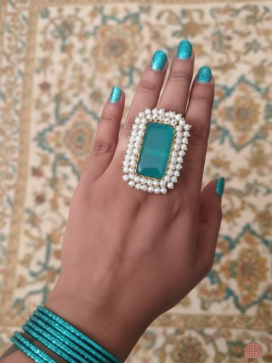 Ethnic Indian Handcrafted Pearl Work Ring Designer Big Size Monalisa Stone Beaded Adjustable Finger Ring