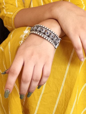 Attractive Designer Silver Oxidized Bangle Stone Work Bracelet Bangle Traditional Openable Kada for Girls