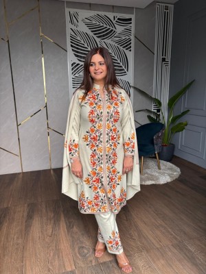 Beige Kashmiri Full Embroidered Cotton Kurta Pant Dupatta Set Salwar Kameez Suit