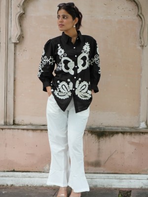 Black Embroidered Cotton Collared Short Button Kurti Top Shirt Pant Set