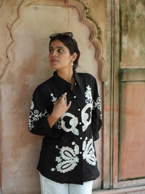 Black Embroidered Cotton Collared Short Button Kurti Top Shirt Pant Set