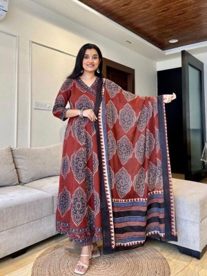 Red Printed Angrakha Style Anarkali Kurta Kurti Pant Dupatta Set Gown Dress Salwar Kameez (Set of 3)